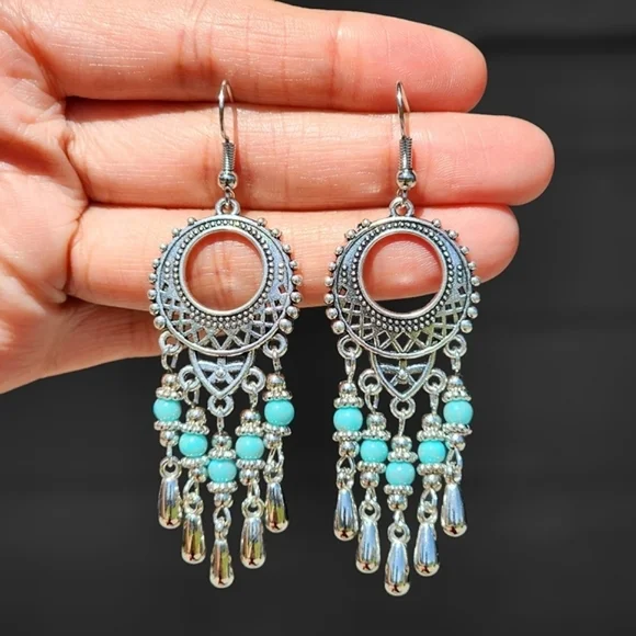Dream Catcher Earrings Howlite Turquoise Bohemian Dangle Tribal Ethnic Blue - Picture 3 of 3